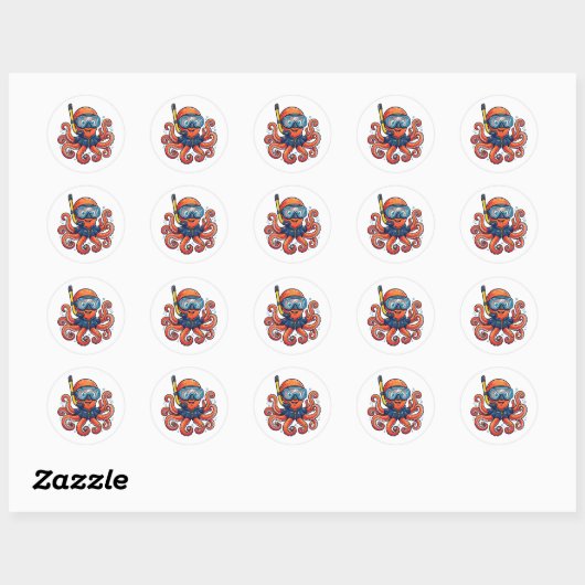 Sticker Rond Cute Snorkeling Octopus - Ocean Explorer (Feuille)