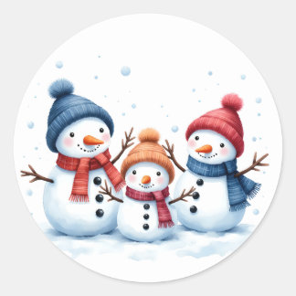 Sticker Rond Cute Snowman Family Watercolor Illustration Round 