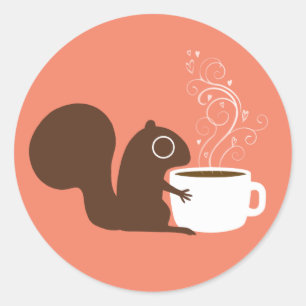 Sticker Rond Cute Squirrel Coffee Lover Forêt Faune