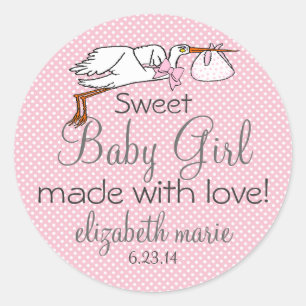 Sticker Rond Cute Stork Baby shower rose Favoris