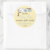 Sticker Rond Cute Stork Jaune et Bleu Baby shower Invité Favori (Sac)