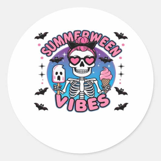 Sticker Rond Cute Summerween Vibes Skeleton IceCream Summer Vac (Devant)