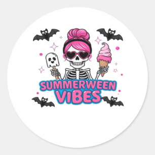 Sticker Rond Cute Summerween Vibes Skeleton IceCream Summer Vac