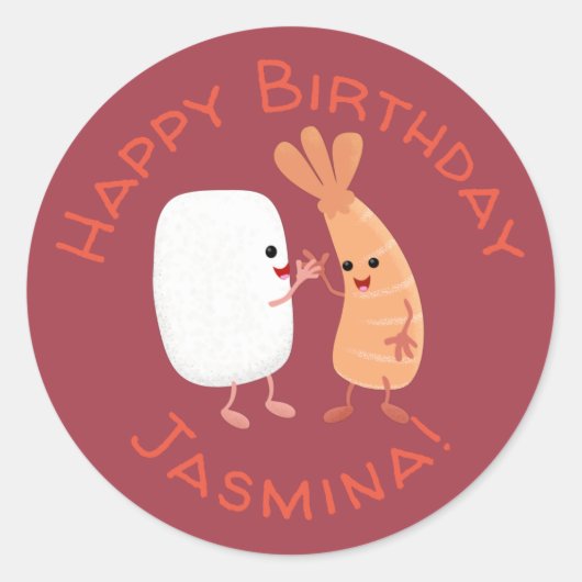 Sticker Rond Cute sushi riz crevettes amis dessin animé (Devant)