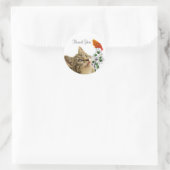 Sticker Rond Cute Tabby Chat, Fleurs et Petit Merci d'oiseaux C (Sac)