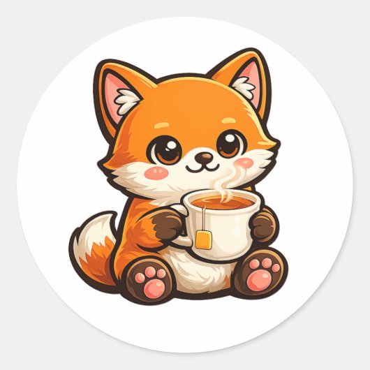 Sticker Rond Cute Tea Fox Illustration – Cozy Fox Drinking Tea (Devant)