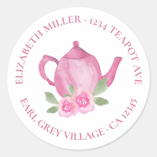 Sticker Rond Cute Teapot rose Aquarelle Adresse de retour (Devant)