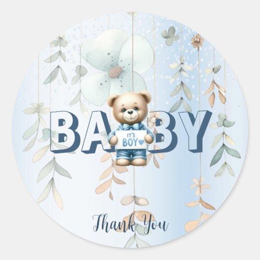 Sticker Rond Cute Teddy Bear Bleu Floral Belle fête (Devant)