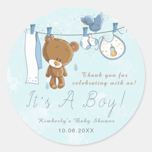 Sticker Rond Cute Teddy Bear C'est un Merci bleu garçon (Devant)