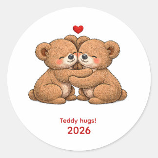 Sticker Rond Cute Teddy Bear Couple in Love – Embroidered Style