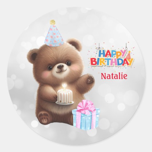 Sticker Rond Cute Teddy Bear Joyeux Anniversaire Personnalisé (Devant)