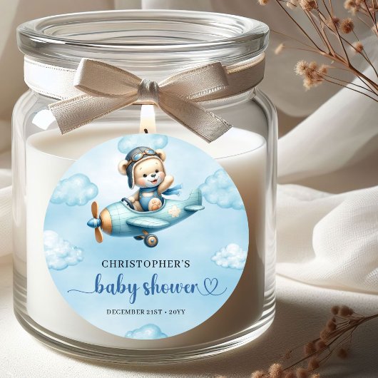 Sticker Rond Cute Teddy Bear Pilot Airplane Blue Brown Baby