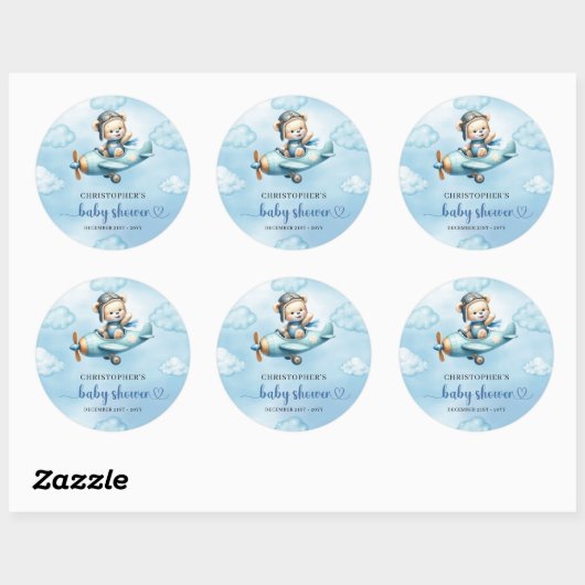 Sticker Rond Cute Teddy Bear Pilot Airplane Blue Brown Baby (Feuille)