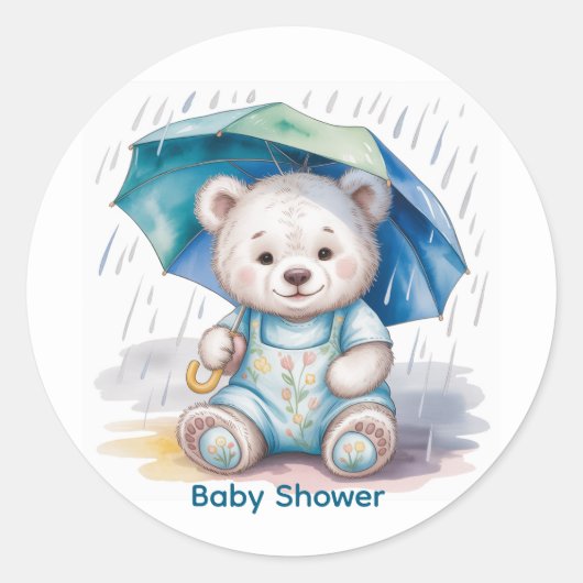 Sticker Rond Cute Teddy Bear With Umbrella Boy Baby Shower (Devant)