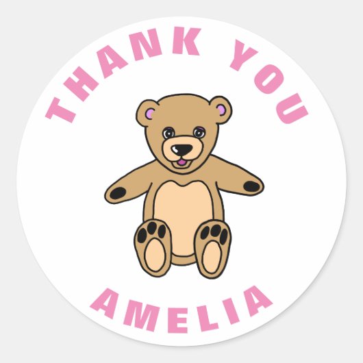 Sticker Rond Cute Teddy Ours rose Anniversaire de enfant Merci (Devant)