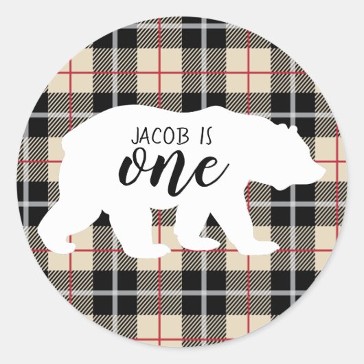 Sticker Rond Cute Thompson Camel Plaid Bear 1ère fête d'anniver (Devant)