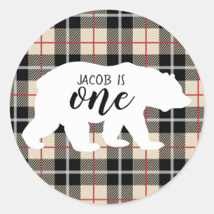 Sticker Rond Cute Thompson Camel Plaid Bear 1ère fête d'anniver