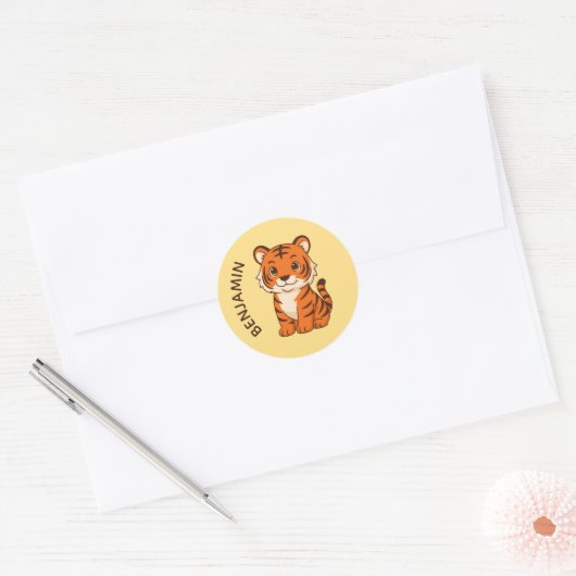 Sticker Rond Cute Tiger Cub Custom Name Yellow (Enveloppe)