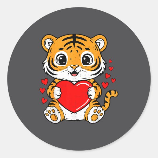 Sticker Rond Cute Tiger Holding Heart Kawaii Valentines Day Men (Devant)
