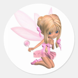 Sticker Rond Cute Toon Ballerina Fée en rose - agenouillement
