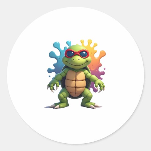 Sticker Rond Cute Turtle Wearing Sunglasses Paint Splash Sea An (Devant)