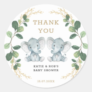 Sticker Rond Cute Twin Elephant Babies Verdure Gold Foliing