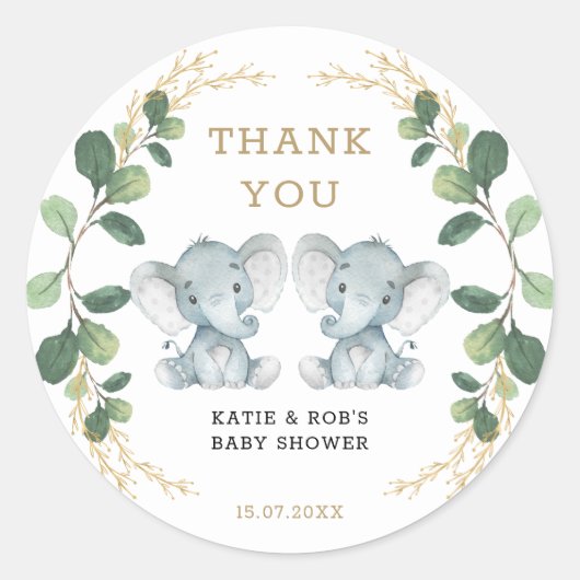 Sticker Rond Cute Twin Elephant Babies Verdure Gold Foliing (Devant)