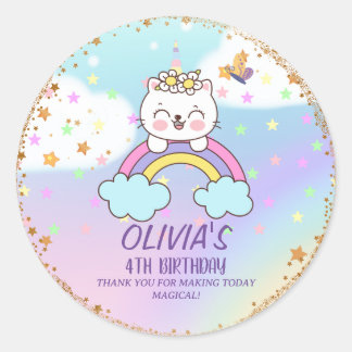Sticker Rond Cute Unicorn Chat Rainbow Girl Anniversaire Merci