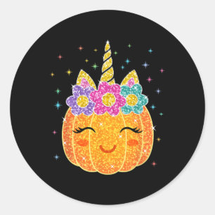 Sticker Rond Cute Unicorn Citrouille Halloween Thanksgiving