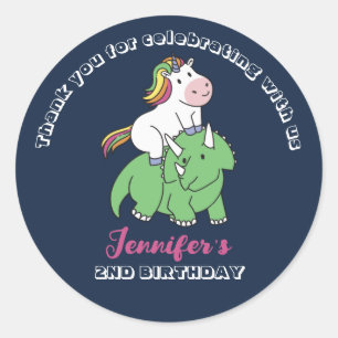 Sticker Rond Cute Unicorn Dinosaur Dinosaure Parti Anniversaire
