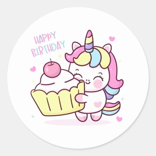 Sticker Rond Cute Unicorn Joyeux gâteau d'anniversaire (Devant)