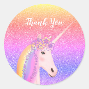 Sticker Rond Cute Unicorn Merci fête d'anniversaire