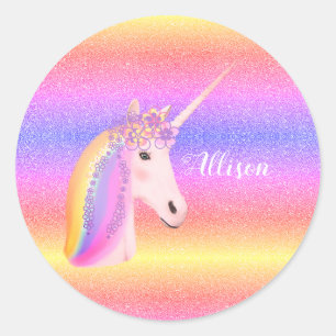 Sticker Rond Cute Unicorn Rainbow Parties scintillant étincelle