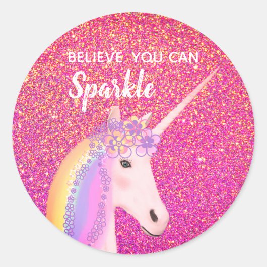 Sticker Rond Cute Unicorn rose or Parties scintillant étincelan (Devant)