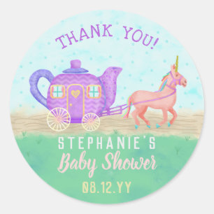 Sticker Rond Cute Unicorn Tea Party Baby shower Merci