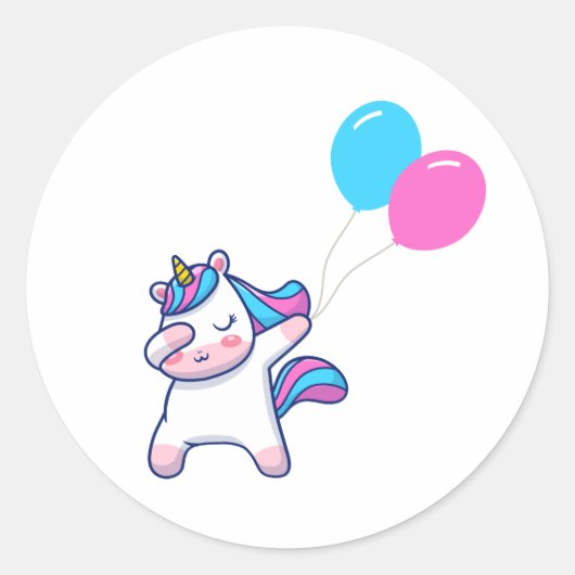 Sticker Rond Cute Unicorne Dabbing Avec Ballons (Devant)