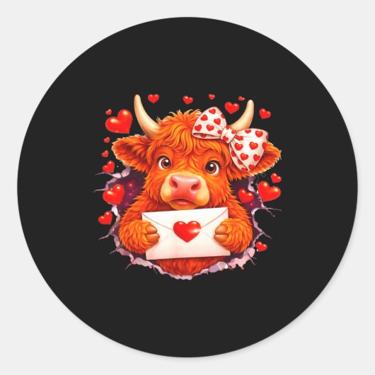 Sticker Rond Cute Valentine Highland Cow With Heart Bow Western (Devant)