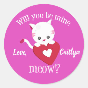 Sticker Rond Cute Valentine Kitty Chat rose
