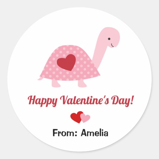 Sticker Rond Cute Valentine's Day Turtle and Hearts (Rouge rose (Devant)
