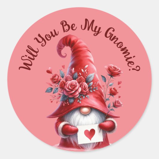Sticker Rond Cute Valentines Gnome avec Coeur et Rose (Devant)