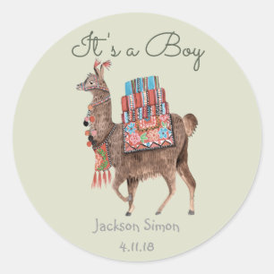 Sticker Rond Cute vert Llama Animal Baby shower garçon
