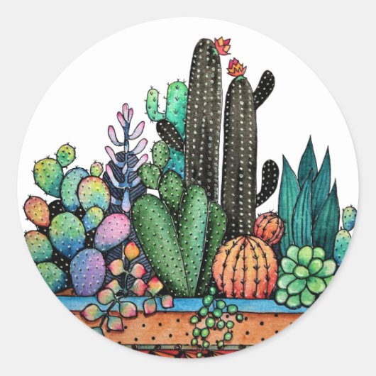 Sticker Rond Cute Watercolor Cactus Garden (Devant)