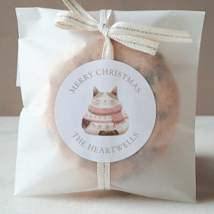 Sticker Rond Cute Watercolor Chat Personnalisé Joyeux Noël