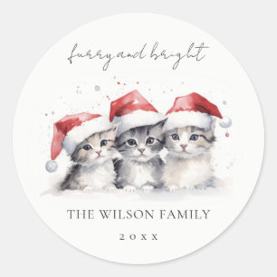 Sticker Rond Cute Watercolor Chats Furie et Noël brillant