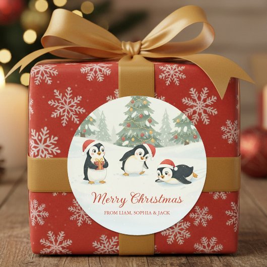 Sticker Rond Cute Watercolor Penguins Christmas Forest