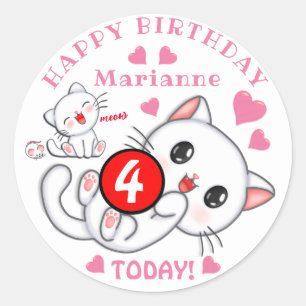 Sticker Rond Cute White Kittens Nom et âge Anniversaire de l'en