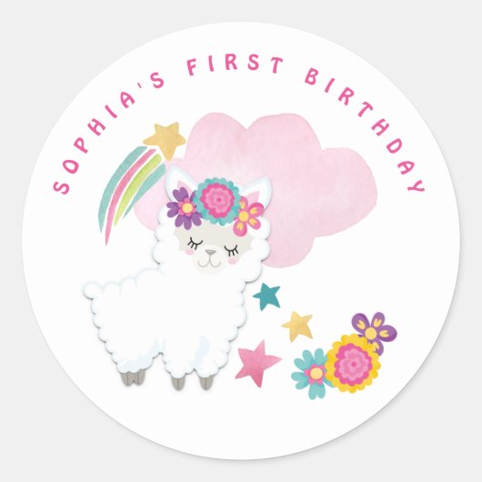Sticker Rond Cute White Llama Nom Premier anniversaire fête Bla (Devant)