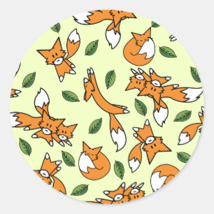 Sticker Rond Cute Wild Fox et Motif Leaf