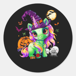 Sticker Rond Cute Witchy Unicorn Halloween Witch Zombie Citroui