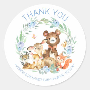 Sticker Rond Cute Woodland Animaux Baby shower verdoyant